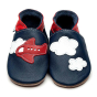 Inch Blue Leather Baby Shoes - Aeroplane Clouds Navy on a white background