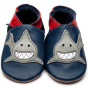 Inch Blue Shark navy leather baby shoes with applique grey grinning shark and red collar