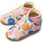 Inch Blue Leather Pomme baby shoes with apples painted on in orange blue and pink
