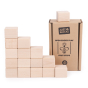 Just blocks eco-friendly wooden building blocks 16 set stacked in a geometric shape next to their cardboard box