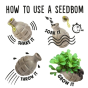 An image showing how to use a kaboom seedbom, Has the text; Shake it, Soak it, Throw it, Grow it