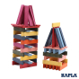Kapla sustainable wooden building shape toys stacked in two multicoloured towers on a white background
