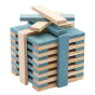 Kapla light blue wooden stacking blocks built into a tower on a white background