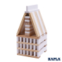 Kapla sustainable wooden stacking shape toy built into a tower on a white background