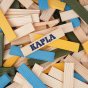 Close up of a stack of Kapla wooden Waldorf toy blocks in the light blue, yellow and green colour