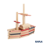 Kapla plastic-free wooden toy blocks stacked into the shape of a boat on a white background