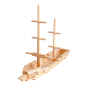 Kapla Waldorf building plank toys stacked in the shape of a sailing ship on a white background
