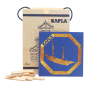 Kapla plastic-free wooden building blocks set with a blue building tips book on a white background