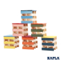Kapla plastic-free wooden octocolour construction set stacked up into 6 pallet shapes on a white background