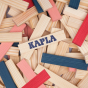 Close up of a pile of Kapla handmade wooden toy blocks in the pink, red and dark blue colours