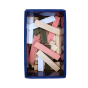 An open box of KAPLA 200 blocks wooden building planks in Spring colours. 