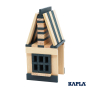 Kapla plastic-free wooden construction set built into a small house on a white background