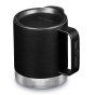 Klean Kanteen 12oz Insulated Camping Mug in Black, showing the Klean Kanteen Logo on lid and the handle, on a white background