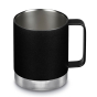 The Klean Kanteen 12oz Insulated Camping Mug in Black, without the lid showing the stainless steel inside, on a white background