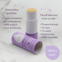 Infographic showing details of a Kokoso organic baby balm stick on a grey background