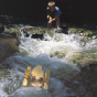 A child pulling the Kraul Trout Paddle boat towards them self in flowing water.