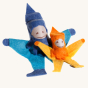 Kraul Large Tumbling Gnome in Blue sat behind a small yellow tumbling gnome