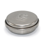 Lamazuna Stainless Steel tin with its lid on. Perfect for carrying toothpaste tablets, solid perfume and lip balm, on a white back ground