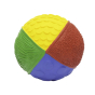 Natural rubber textured sensory ball with yellow, red, blue and green colour sections from Lanco pictured on a plain white background