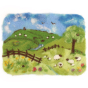 A beautifully felted 2d Spring/Summer landscape scene with sheep, trees, and gently rolling hills with a lovely blue sky with natural green landscape colours. There are sheep grazing in the grass, a river and birds flying in the sky to give it a real outd