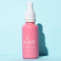 Lani Omega Glow Facial Serum, vegan and cruelty free beauty. Pink bottle on blue background