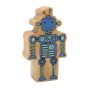 Wooden Lanka Kade blue robot with a smiling face, and metal shaped body pieces.