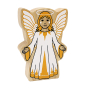 Wooden Lanka Kade Angel figure wearing a white and yellow dress, yellow hair, white wings and a white halo.