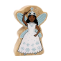 Wooden Lanka Kade snow fairy wearing a white dress with snow flakes, and a wand.