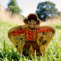 Close up of the Lanka kade eco-friendly wooden scarecrow toy in some grass in front of a field background