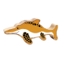 Wooden Lanka Kade Ichthyosaur with a smiling face and a yellow and white body