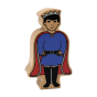 Wooden Lanka Kade Prince with a blue top, black boots, red cape and silver crown