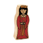 Wooden Lanka Kade Queen wearing a red dress with orange trim, black hair and a crown