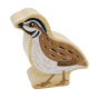 Lanka Kade Wooden Quail Toy, with light brown, white and black painted feather detail. On a white back ground