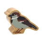 Lanka Kade Wooden House Sparrow Toy with grey, white, black and brown painted feather details. On a white background