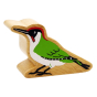 Lanka Kade Wooden Green Woodpecker Toy, with painted green feather, a white belly and a red painted feather stripe on the head. On a white background