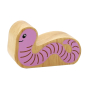 Lanka Kade Wooden Worm Toy in pink with brown lines on its body and a smiling face. On a white back ground