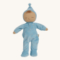 Olli Ella Lullaby Dozy Dinkum Doll - Leo is a baby doll with white skin, a tuft of yellow hair, and a non-removable baby blue soft velvet onesie with silver embroidered stars.