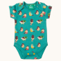 A closer view of the Little Green Radicals Garden Birds Organic Baby Body Set - 2 Pack, garden birds print babygrow with yellow popper fasteners on the bottom for easy opening and closing