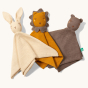 Little Green Radicals Rabbit, Lion and Bear Organic Cotton Soft Toy, on a cream background