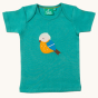 Little Green Radicals Little Bird Applique Short Sleeve T-Shirt. Made from GOTS Organic Cotton, a beautiful green t-shirt with a sleepy bird applique which has a yellow belly, a blue with, a brown tail and beak and a light grey coloured head, on a cream b