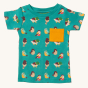 Little Green Radicals Garden Birds Organic T-Shirt & Jogger Playset, made from GOTS Organic Cotton, the photo shows the teal t-shirt with fun garden birds design and a yellow pocket on the front