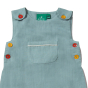 Close up of the LGR kids organic cotton sky blue adventure dungarees on a white background