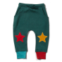 Little Green Radicals childrens organic cotton green sea joggers laid out on a white background