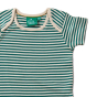 Close up of the LGR green striped baby body on a white background