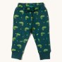 Little Green Radicals Organic Cotton Little Lizard Comfy Joggers. Made with GOTS Organic Cotton, these joggers are a lovely deep forest green with a playful chameleon lizard print, a drawstring cord in the waistband and two knee patches.