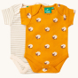 Little Green Radicals Counting Sheep Organic Baby Body Set - 2 Pack. Made from GOTS Organic Cotton, this babygrow set has one orange with sheep print babygrow, and one light beige and cream stripe print baby grow. Both have poppers and the bottom for easy