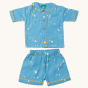Little Green Radicals Organic Cotton Dusk Button Through Pyjama Short Set. Made from GOTS organic Cotton, these beautiful light blue pyjama shorts and top have delicate stars and moon designs