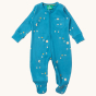 Little Green Radicals Dawn Organic Cotton Zip Babygrow. Made from GOTS Organic Cotton, this beautiful blue babygrow features moon and start patters, a full length zip and a pocket on the front