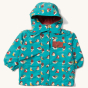 Little Green Radicals Garden Birds Recycled Waterproof Windbreaker Jacket, made from 100% Recycled Polyester, this beautiful jacket is windproof and waterproof. The coat is a beautiful teal green, patterned with various garden bird prints in a fun design,