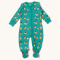 Little Green Radicals Garden Birds Organic Cotton Zip Babygrow, made from GOTS Organic Cotton, this cosy a teal footed babygrow has fun garden birds design, a full length zip and pocket on the front.